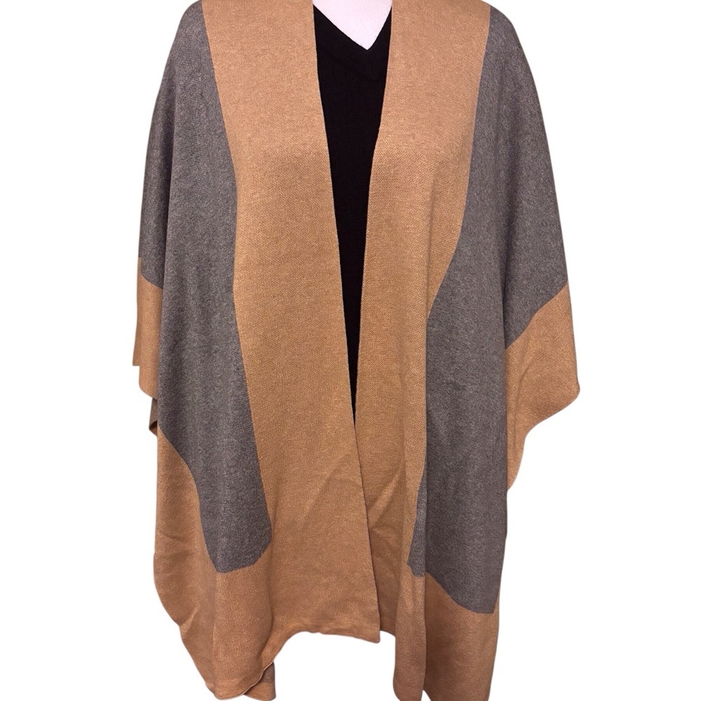 Elegant Tan and Gray Women's Wrap Poncho Sweater - Picture 4 of 4